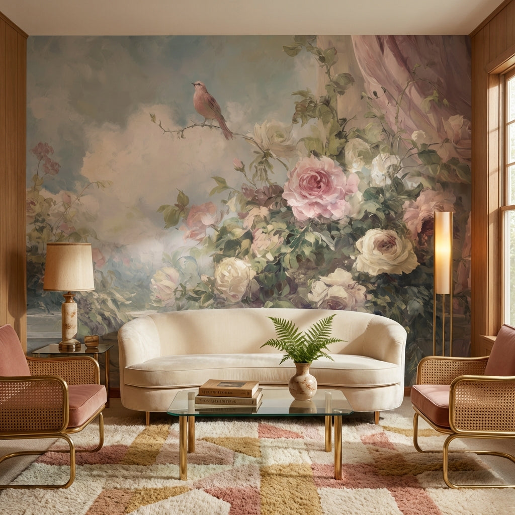 Cloudy Sky Wallpaper Vintage Floral Wall Mural