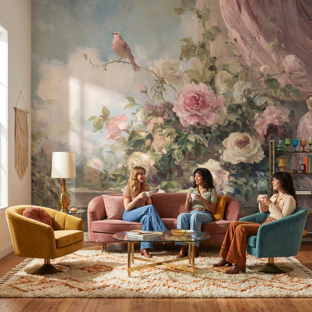 Cloudy Sky Wallpaper Vintage Floral Wall Mural