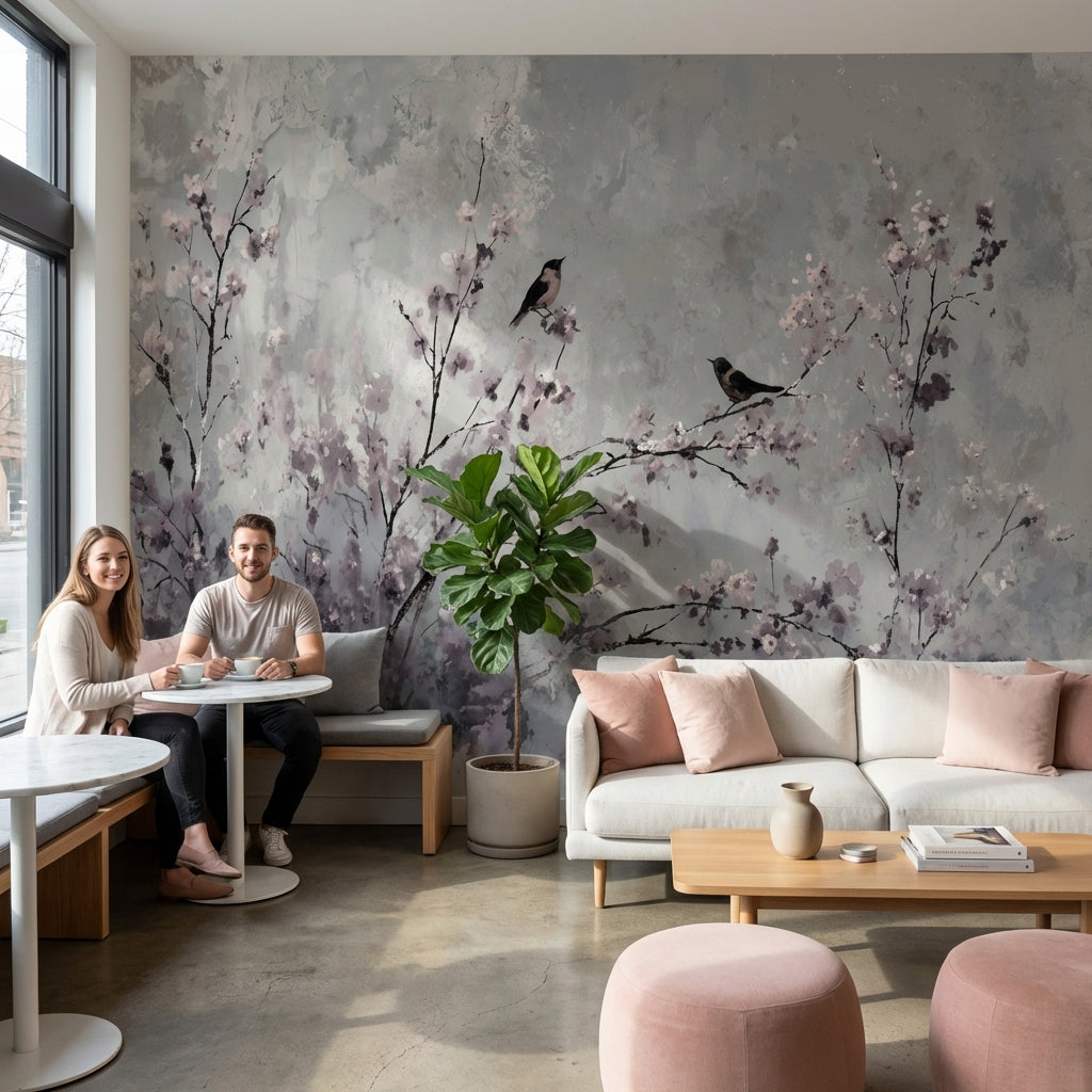 Floral Wallpaper Birds Cherry Blossoms Removable Wall Decor