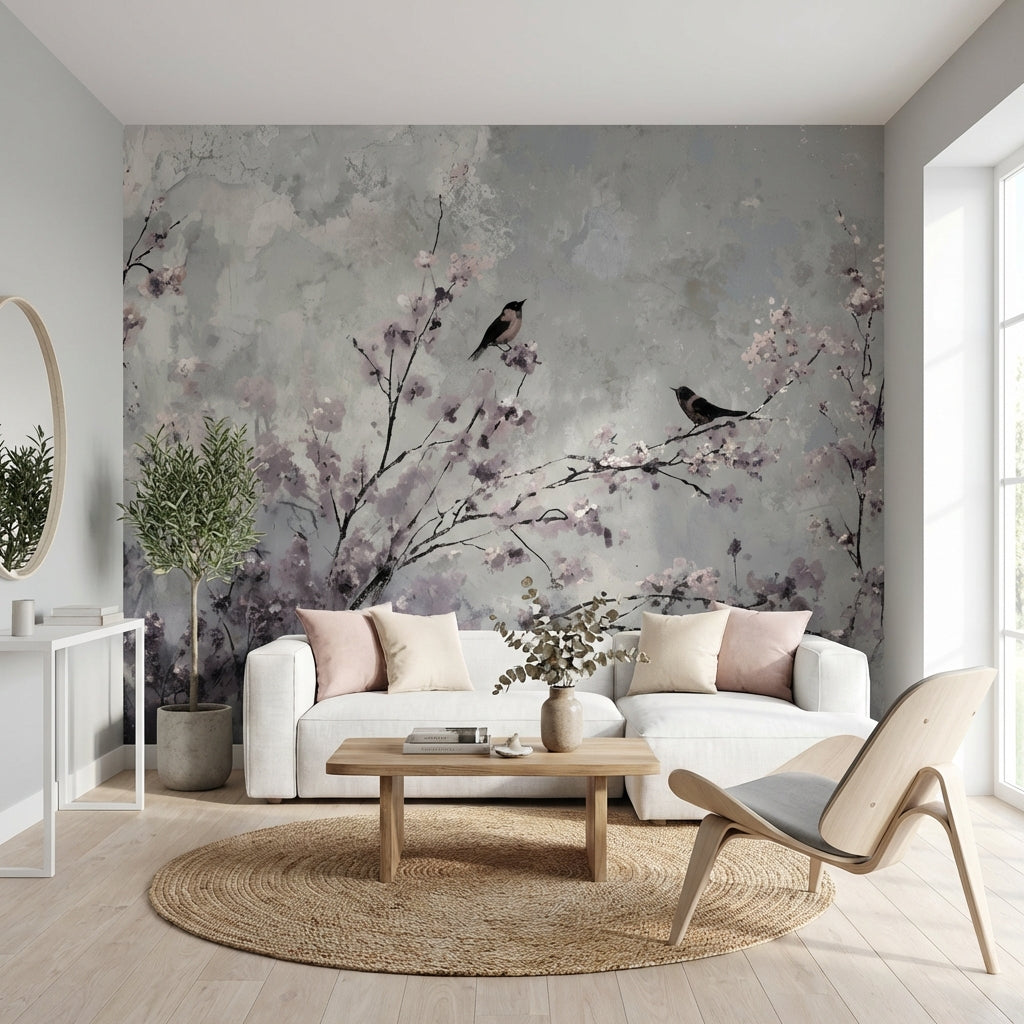 Floral Wallpaper Birds Cherry Blossoms Removable Wall Decor
