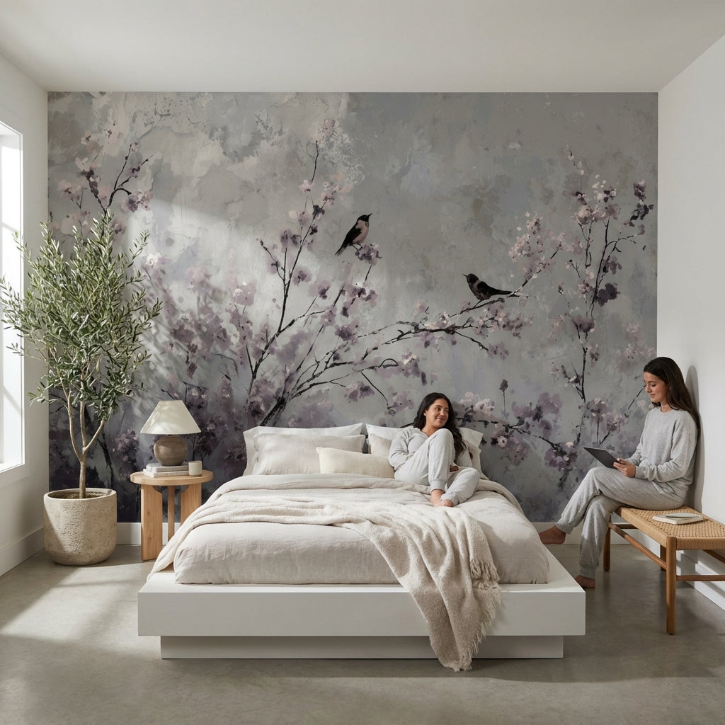 Floral Wallpaper Birds Cherry Blossoms Removable Wall Decor