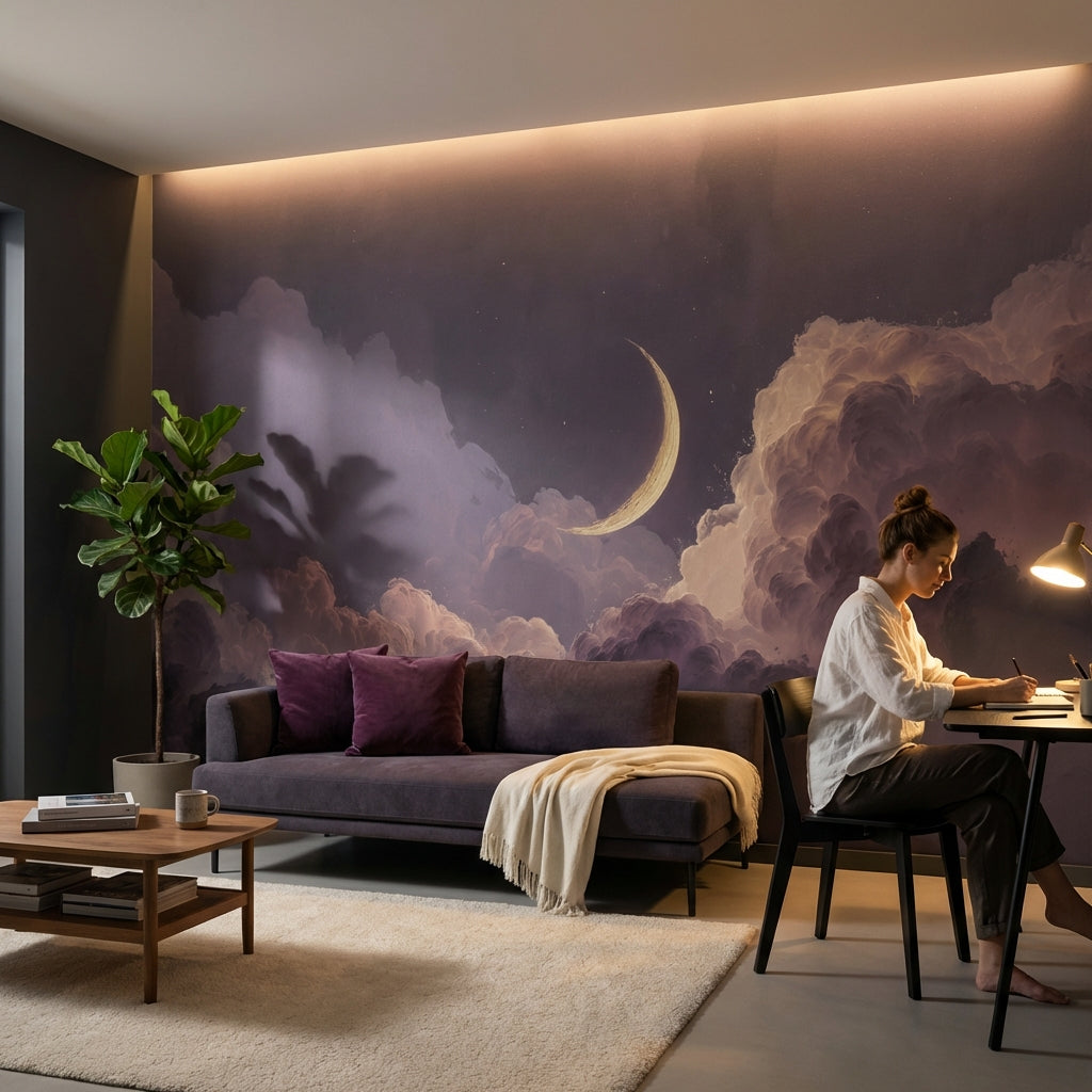 Dreamy Night Wallpaper Purple Removable Moon Wall Mural