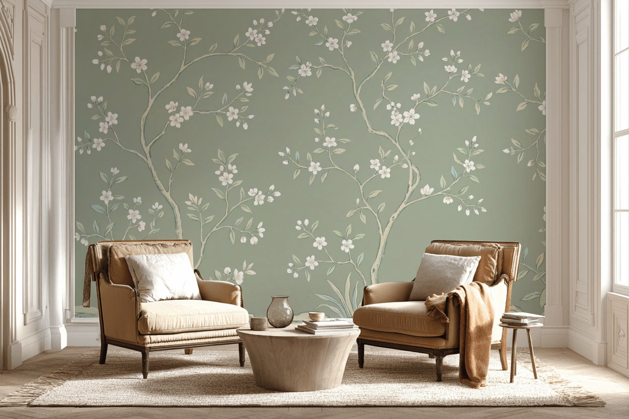 Muted Green Wallpaper Chinoiserie Floral Wall Mural