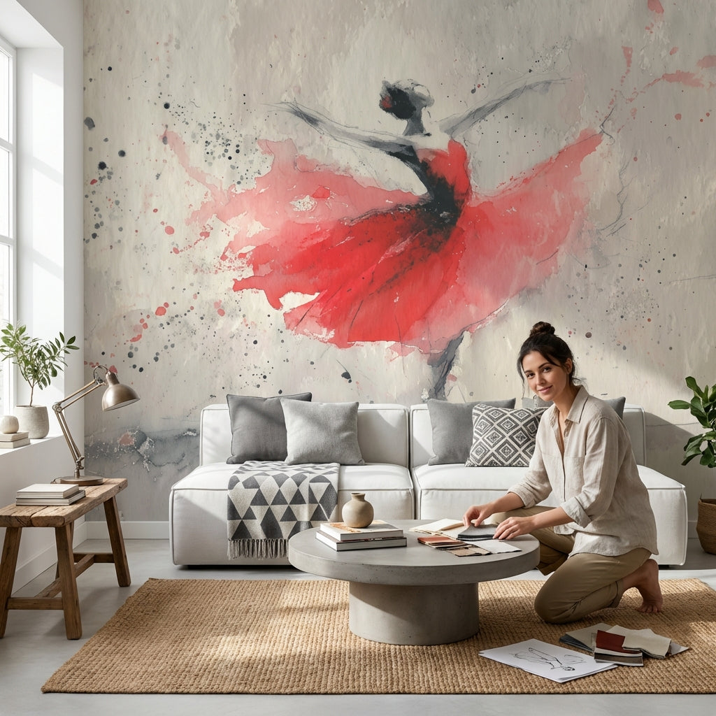 Ballerina Wallpaper Watercolor Red Dress Removable Wall Decor