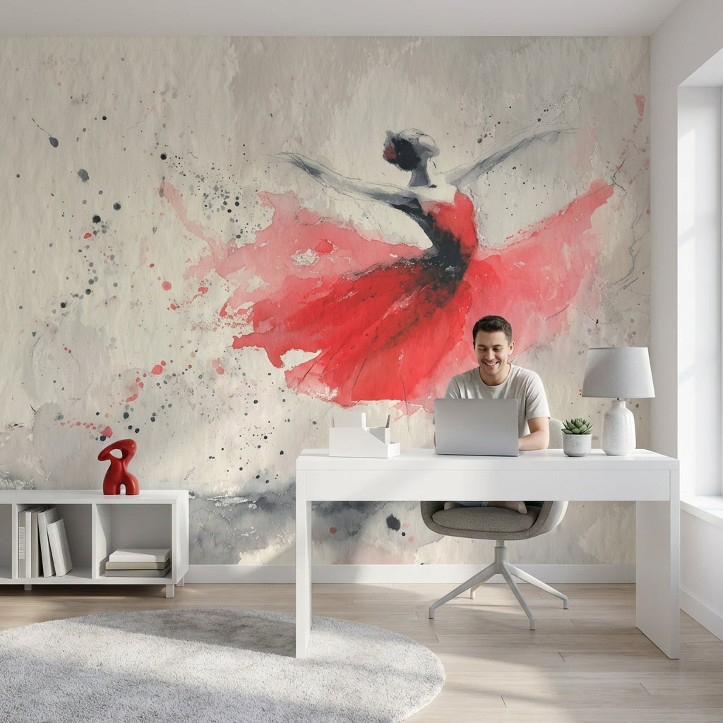 Ballerina Wallpaper Watercolor Red Dress Removable Wall Decor