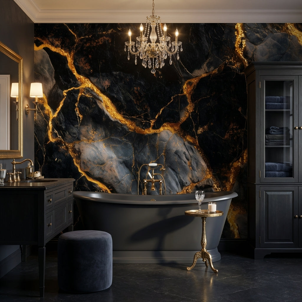 Marble Texture Wallpaper Black Golden Look Removable Wall Decor