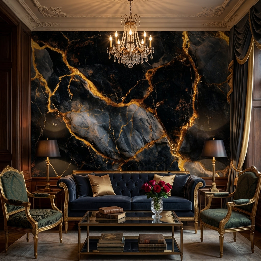 Marble Texture Wallpaper Black Golden Look Removable Wall Decor