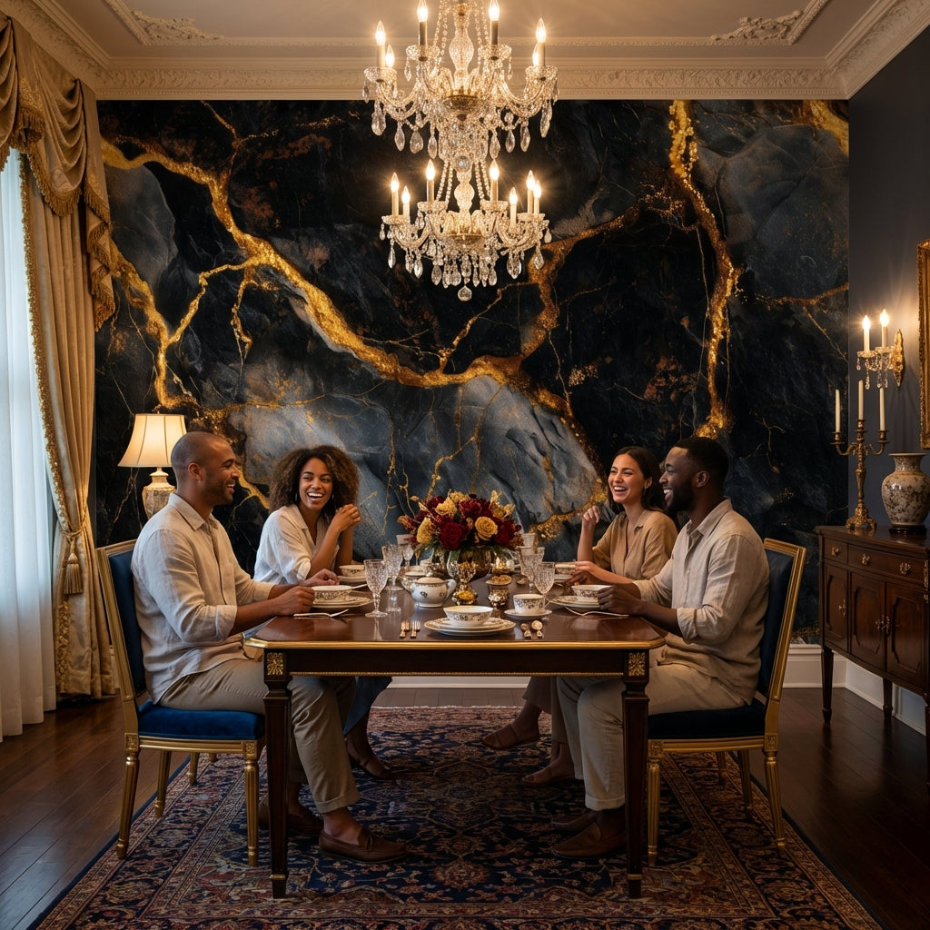 Marble Texture Wallpaper Black Golden Look Removable Wall Decor