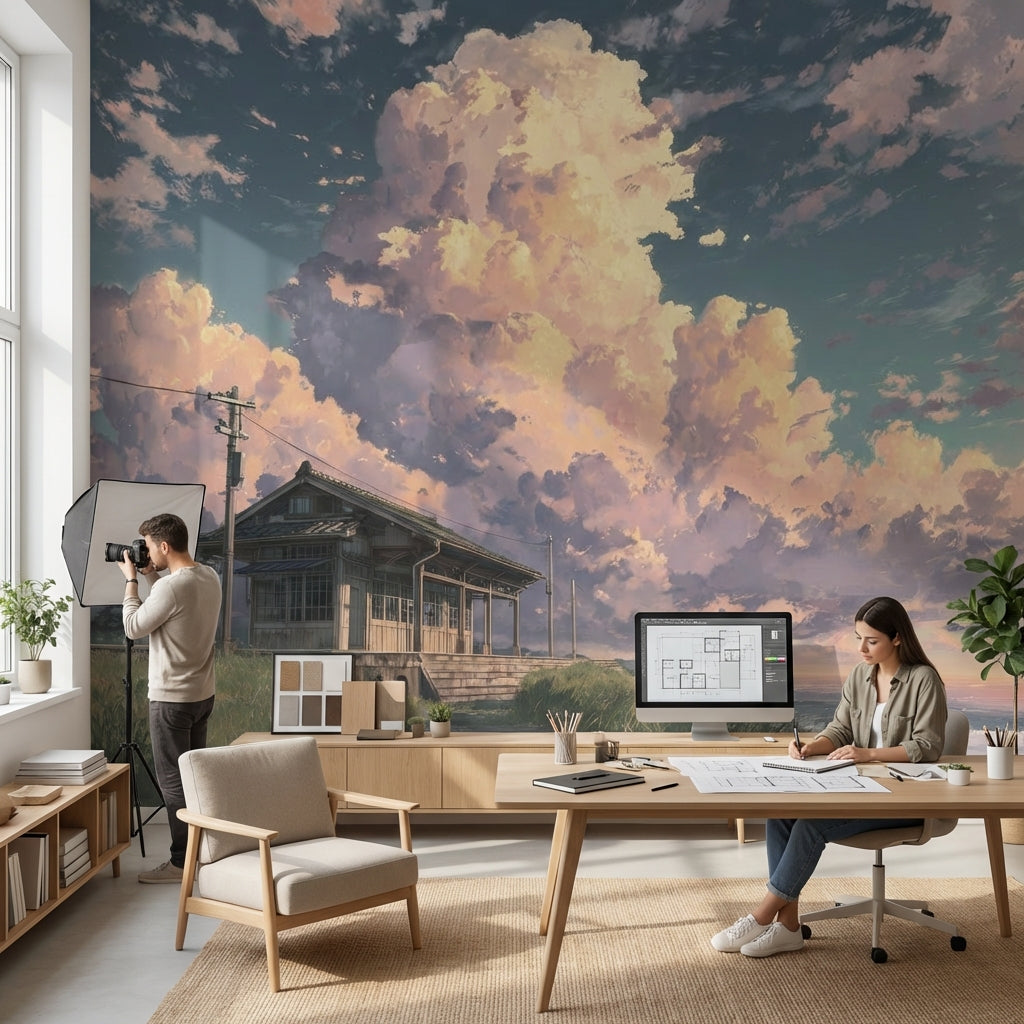 Coastal Landscape Wallpaper Clouds Wooden House Wall Mural