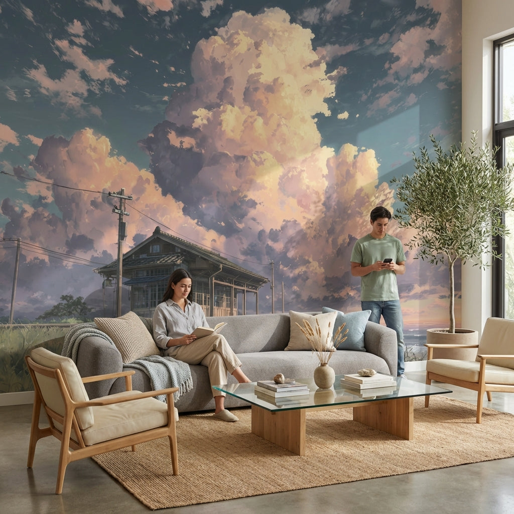 Coastal Landscape Wallpaper Clouds Wooden House Wall Mural