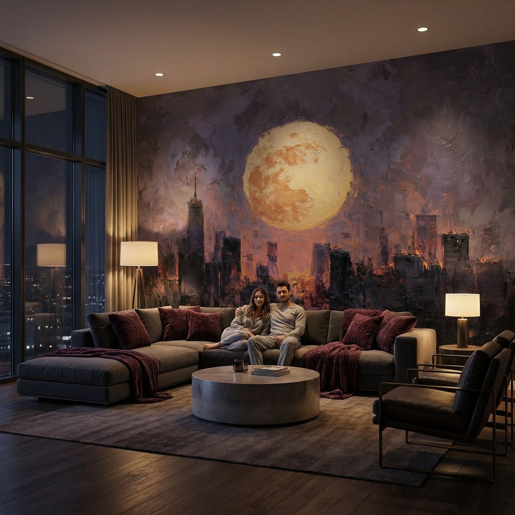 Cityscape Wallpaper Moon Removable Skyline Wall Mural