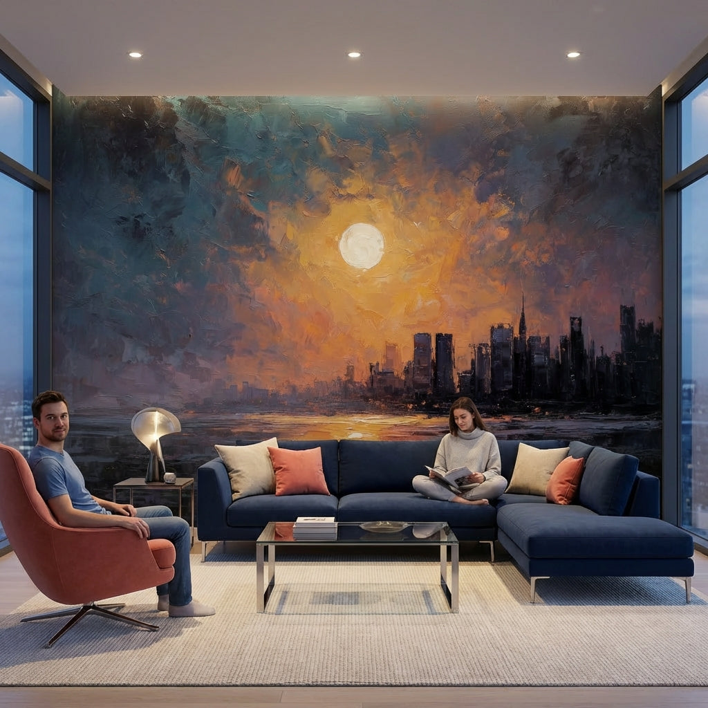 Cityscape Wallpaper Sunset Abstract Removable Wall Decor