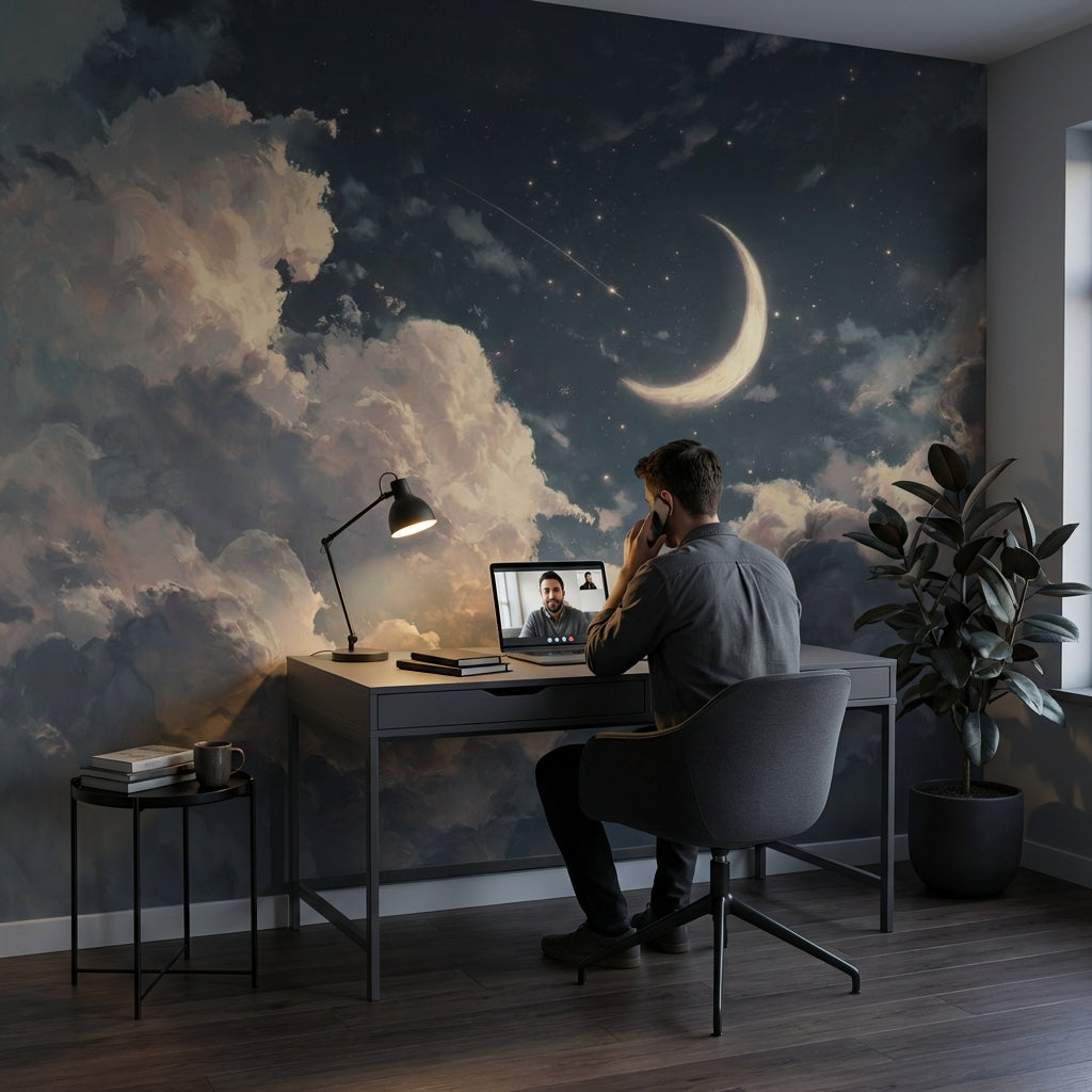 Night Sky Wallpaper Crescent Moon Removable Clouds Wall Mural