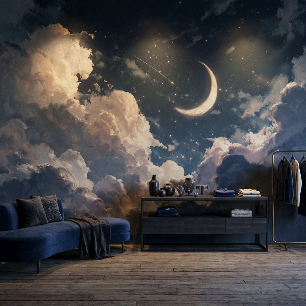 Night Sky Wallpaper Crescent Moon Removable Clouds Wall Mural