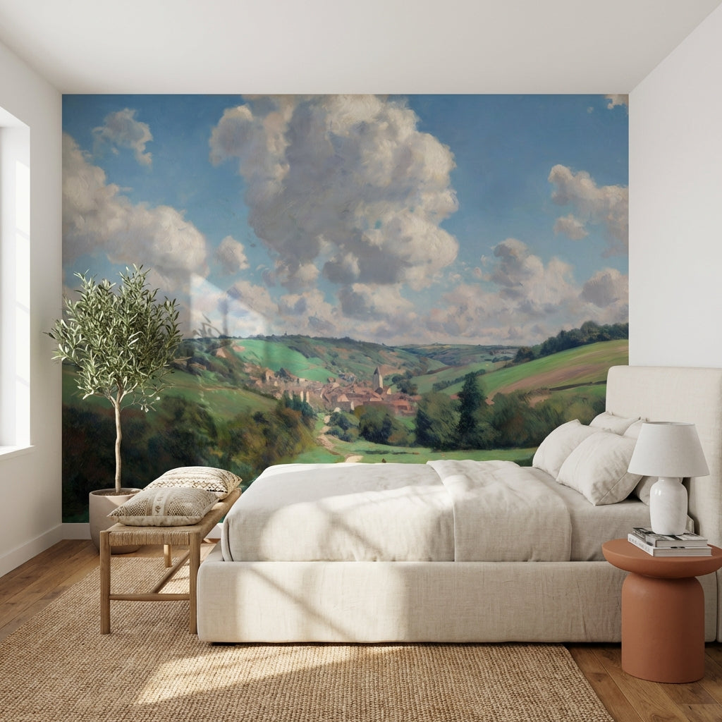 Pastoral Landscape Wallpaper Village Hills Removable Wall Decor