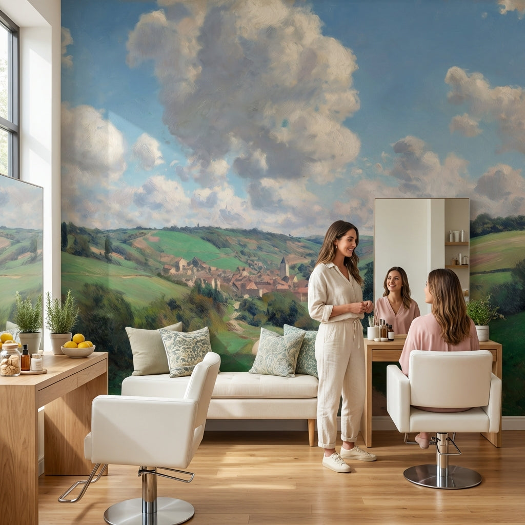 Pastoral Landscape Wallpaper Village Hills Removable Wall Decor