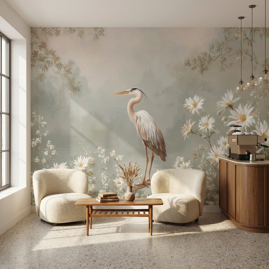 Heron Wallpaper Flowers Removable Nature Wall Mural