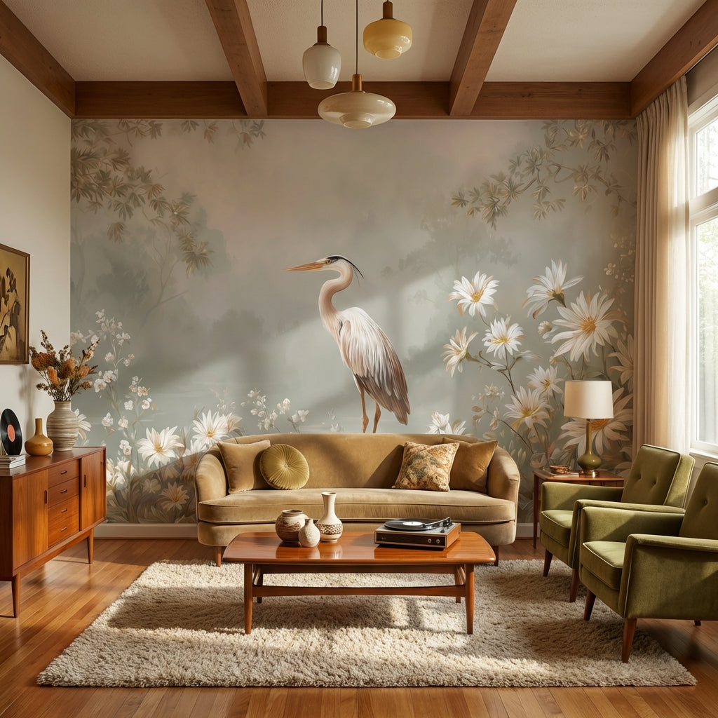 Heron Wallpaper Flowers Removable Nature Wall Mural