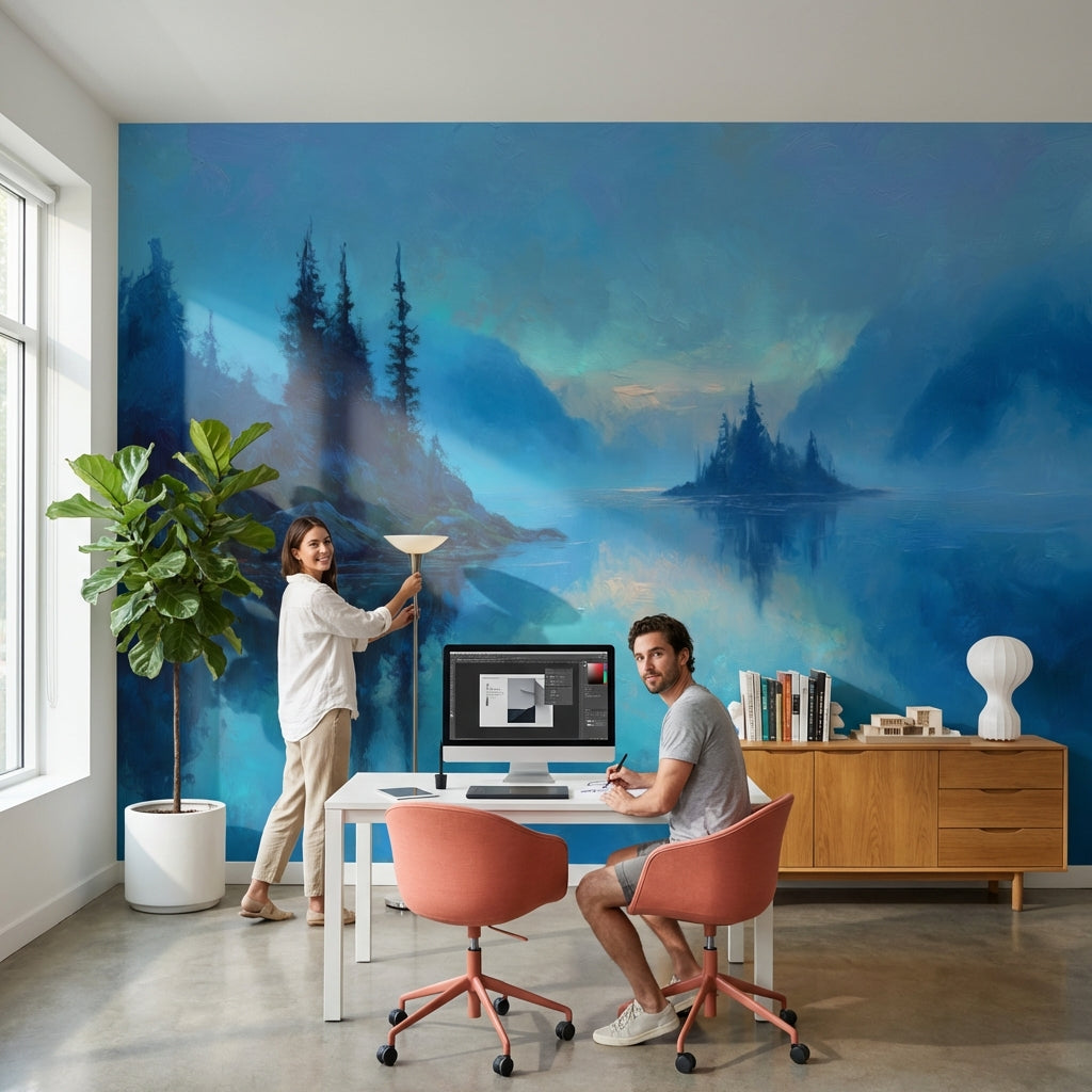 Misty Lake Wallpaper Trees Removable Reflection Wall Mural