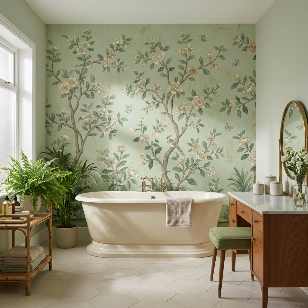Muted Green Wallpaper Chinoiserie Floral Wall Mural