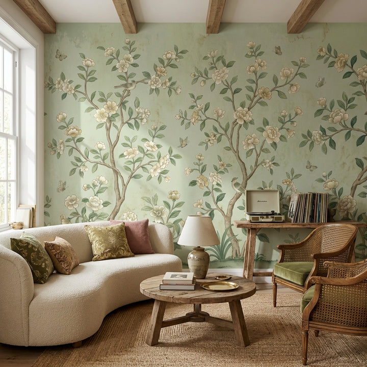Muted Green Wallpaper Chinoiserie Floral Wall Mural