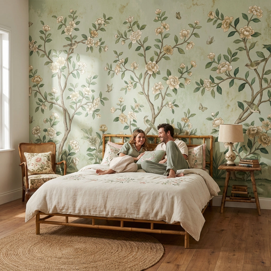 Muted Green Wallpaper Chinoiserie Floral Wall Mural