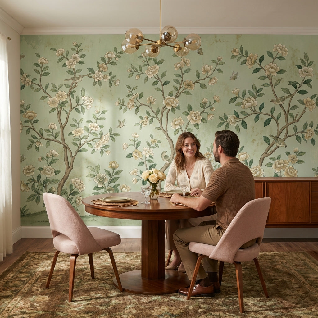 Muted Green Wallpaper Chinoiserie Floral Wall Mural