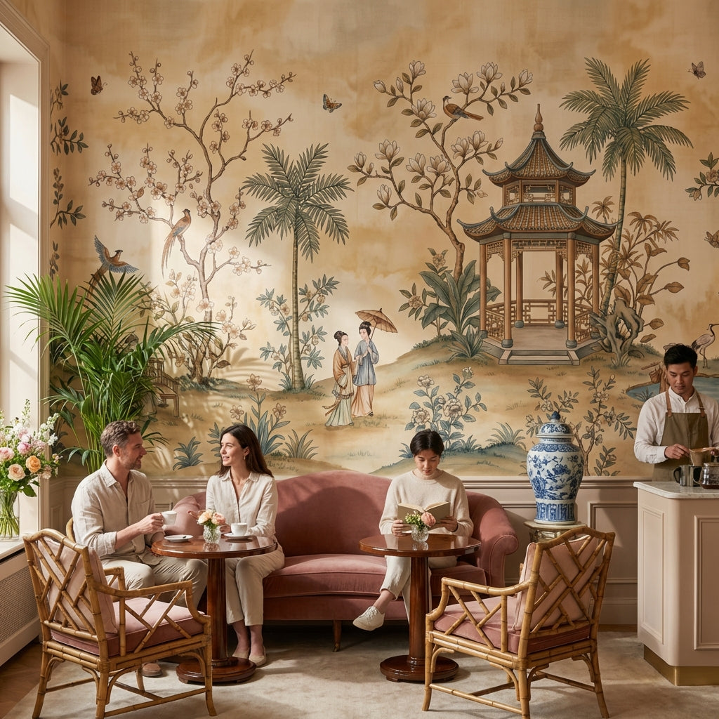 Traditional Landscape Wallpaper Vintage Asian-Inspired Wall Mural