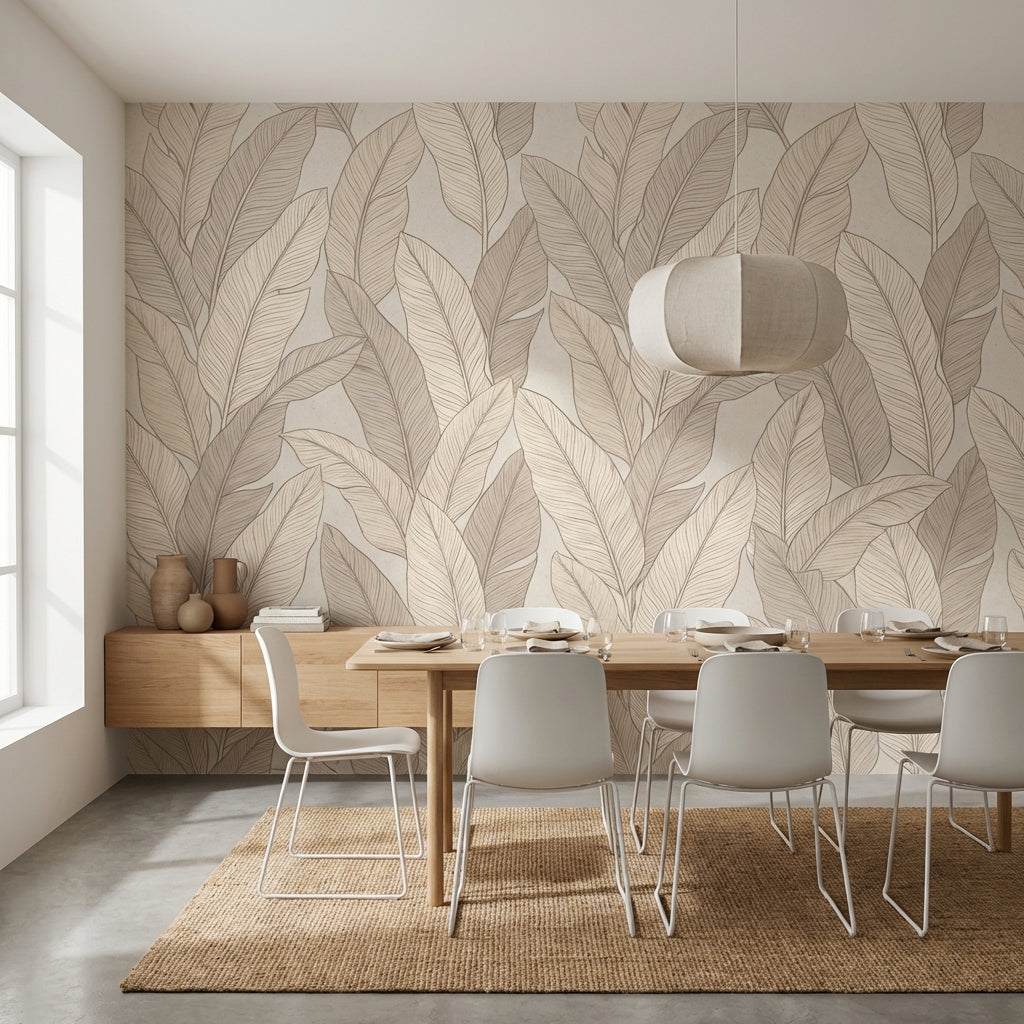 Beige Leaves Wallpaper Minimalist Modern Wall Decor