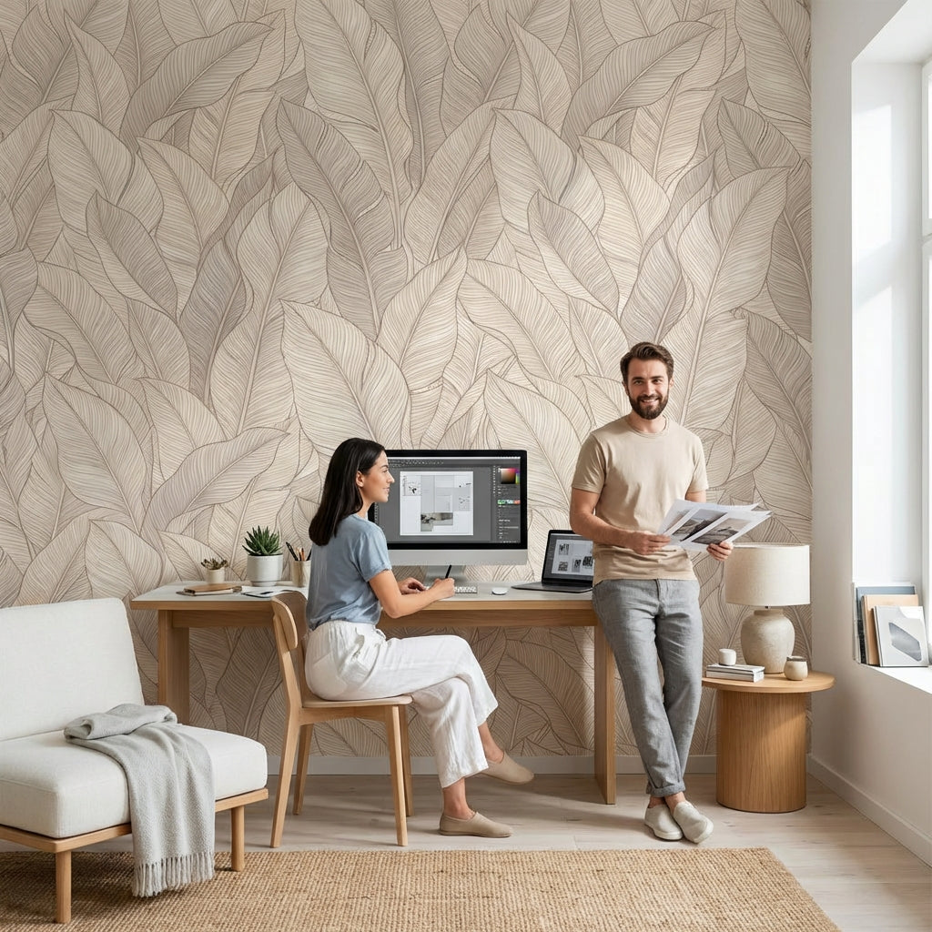 Leaves Wallpaper Beige Modern Wall Mural