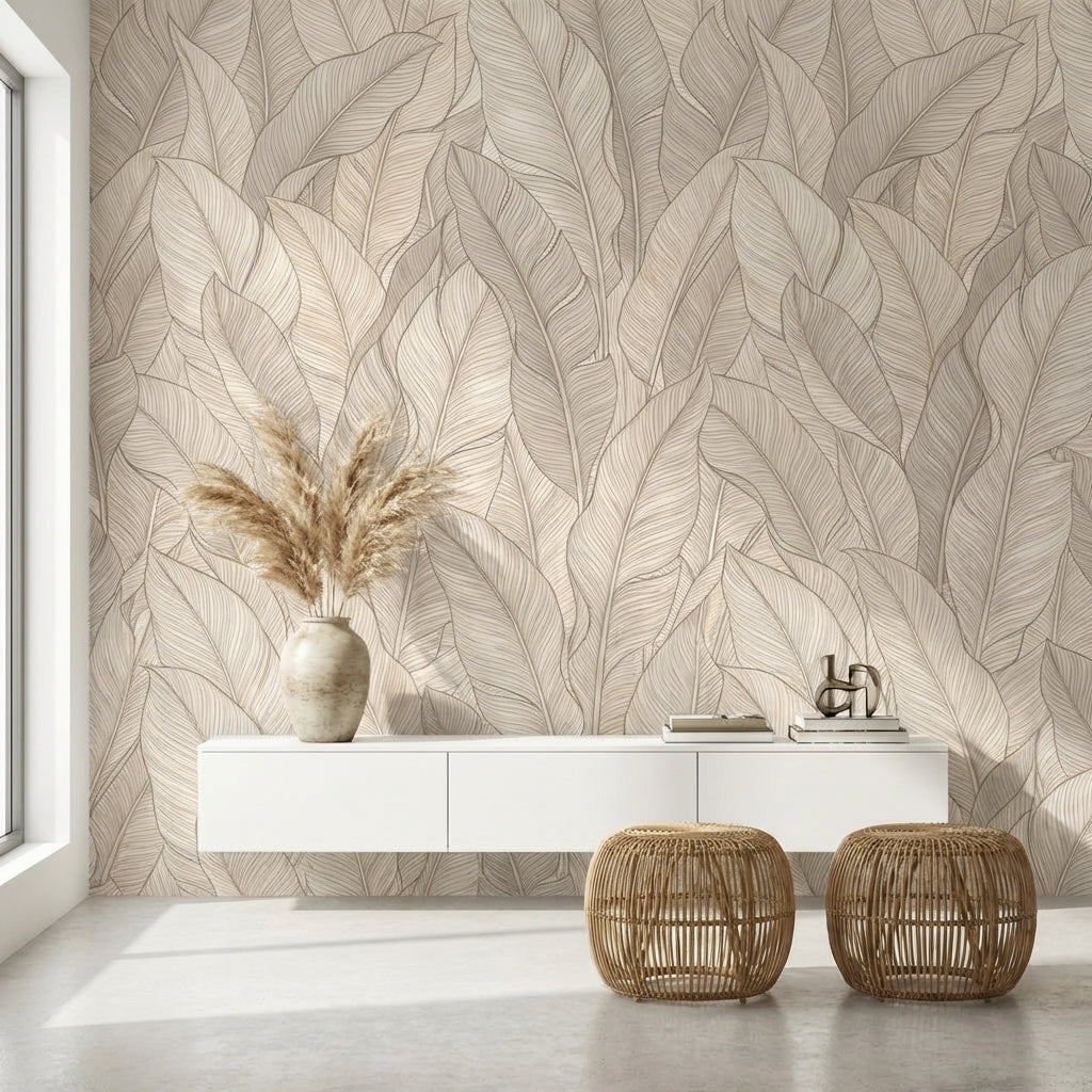 Leaves Wallpaper Beige Modern Wall Mural