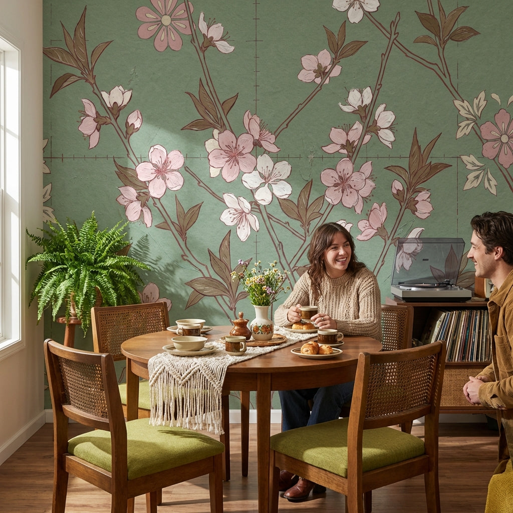 Muted Green Wallpaper Floral Vintage Wall Mural
