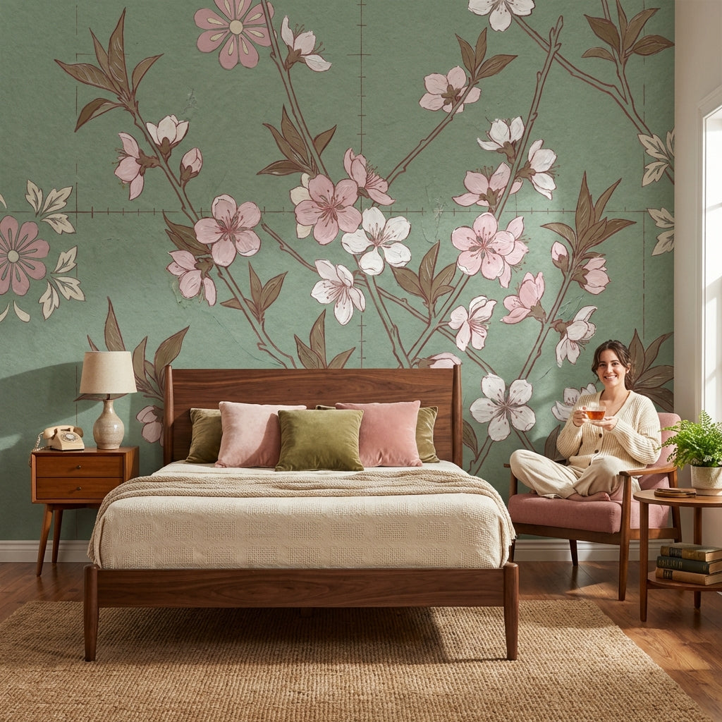 Muted Green Wallpaper Floral Vintage Wall Mural
