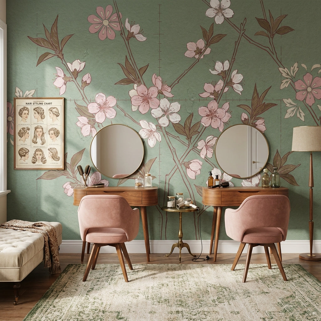 Muted Green Wallpaper Floral Vintage Wall Mural