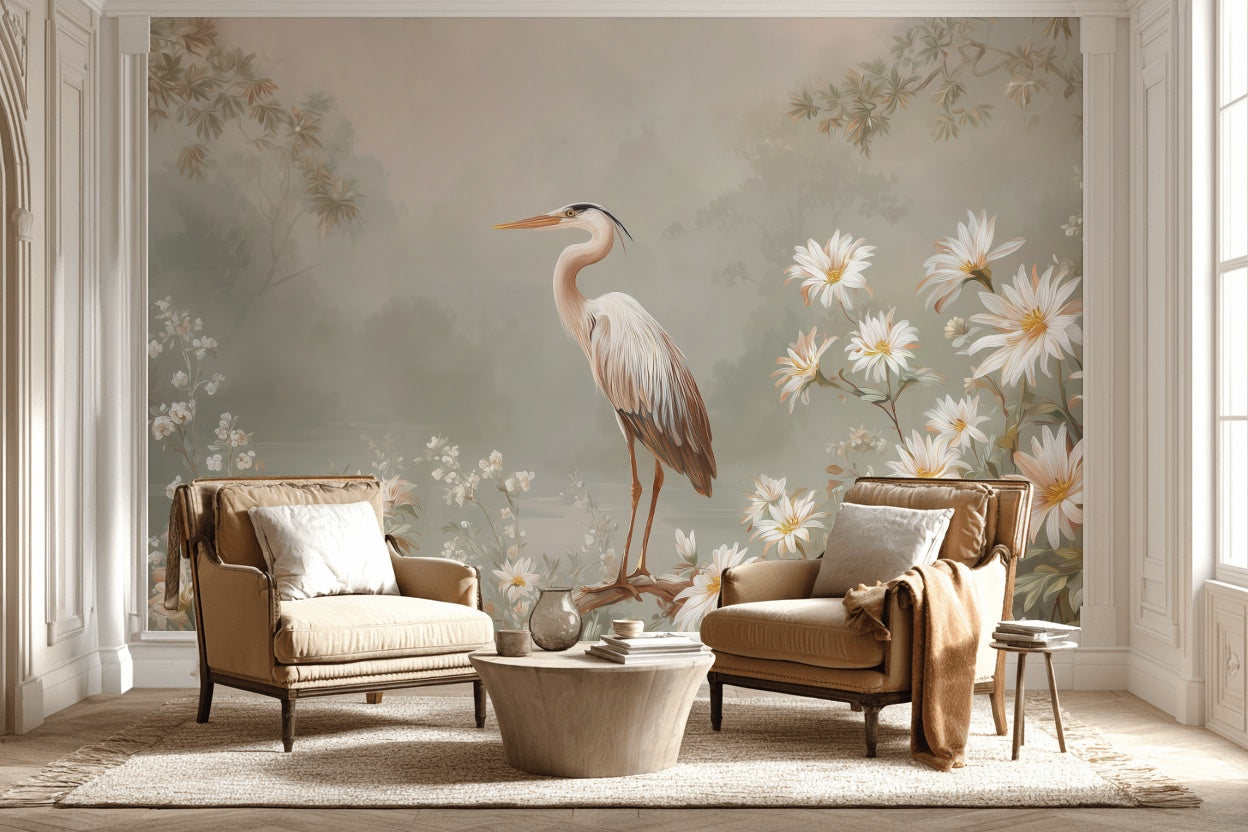 Heron Wallpaper Flowers Removable Nature Wall Mural