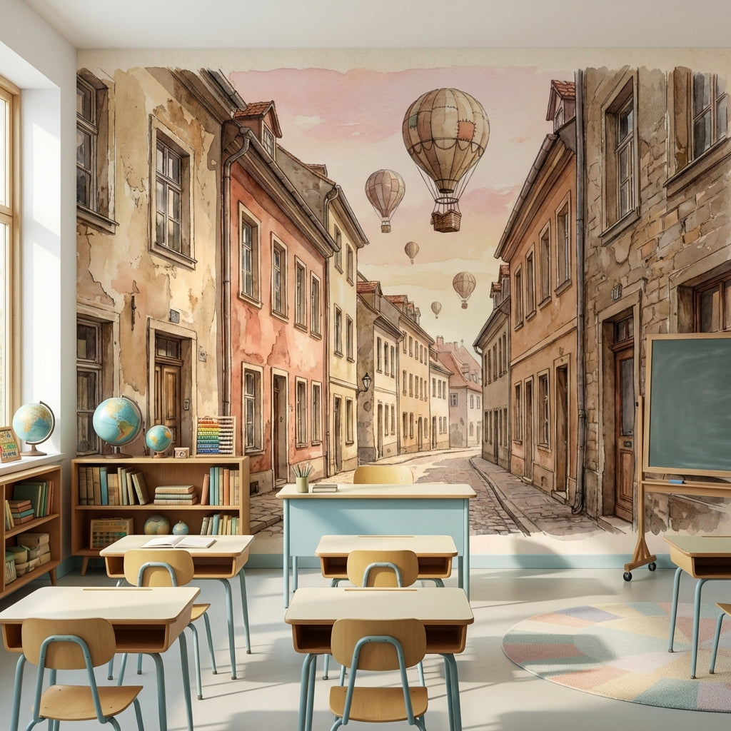 European Architecture Wallpaper Vintage Hot Air Balloons Wall Mural