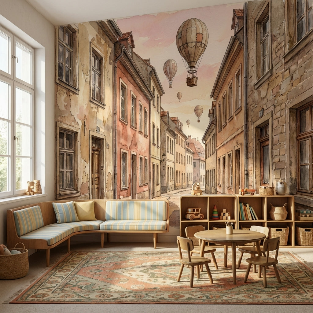 European Architecture Wallpaper Vintage Hot Air Balloons Wall Mural