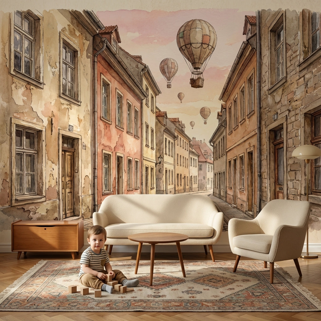 European Architecture Wallpaper Vintage Hot Air Balloons Wall Mural