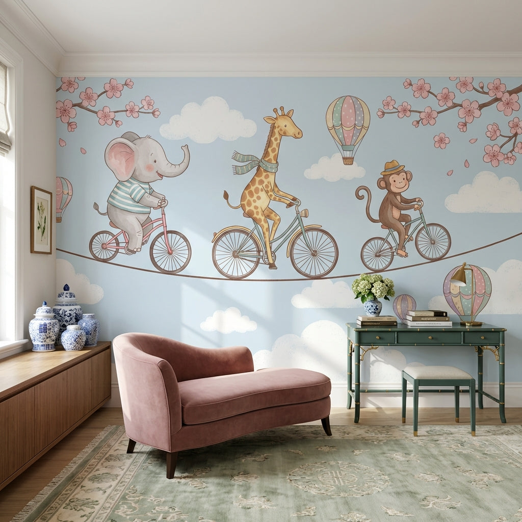 Whimsical Animals Wallpaper Bicycles Cartoon Wall Mural