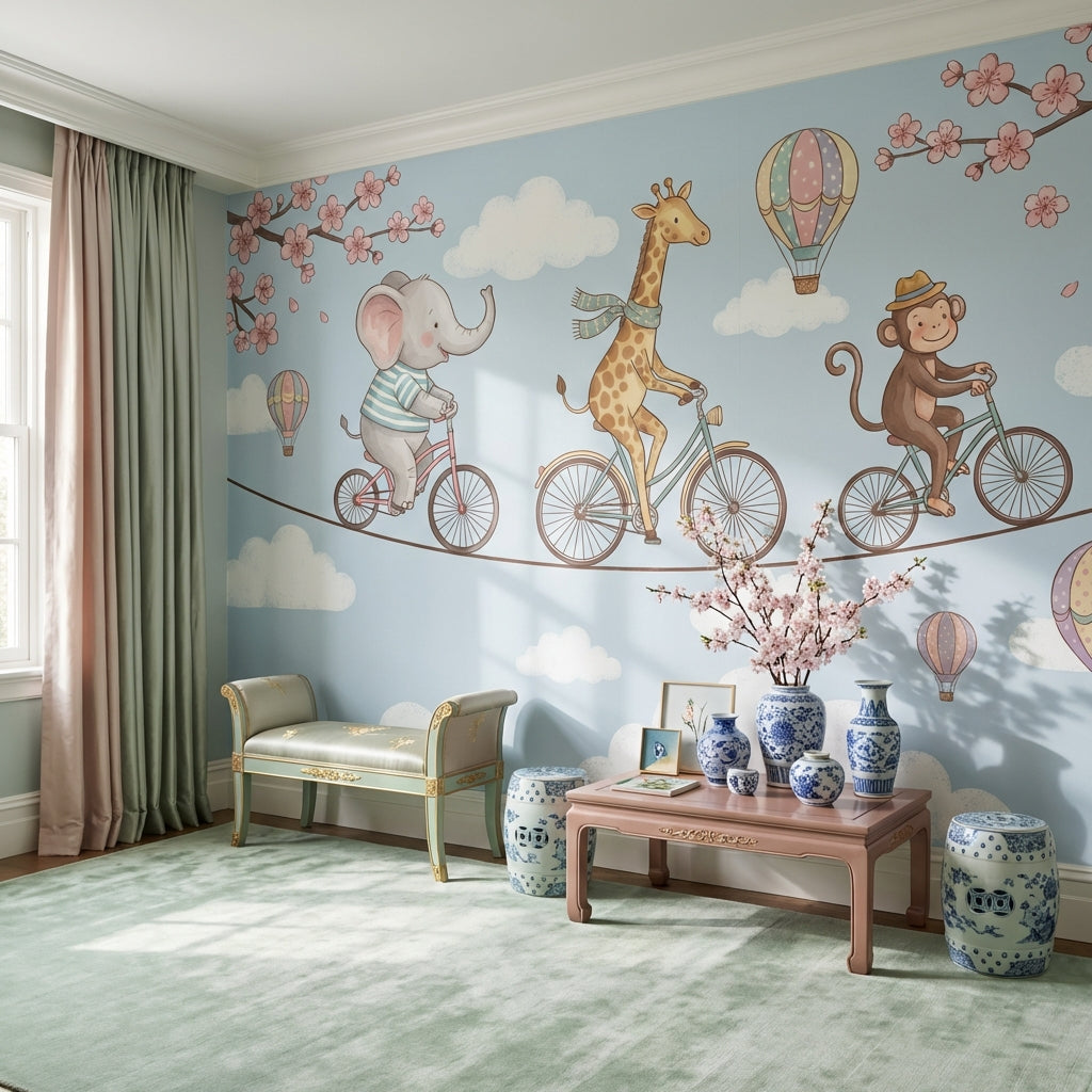 Whimsical Animals Wallpaper Bicycles Cartoon Wall Mural