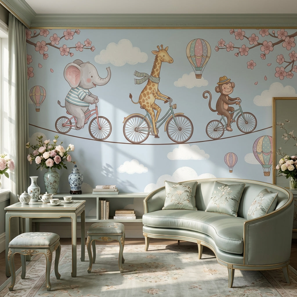 Whimsical Animals Wallpaper Bicycles Cartoon Wall Mural