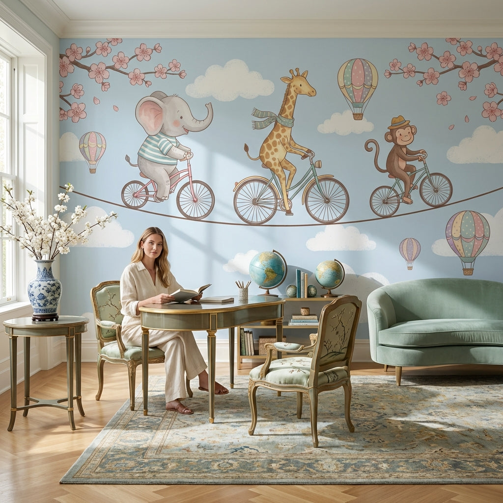 Whimsical Animals Wallpaper Bicycles Cartoon Wall Mural
