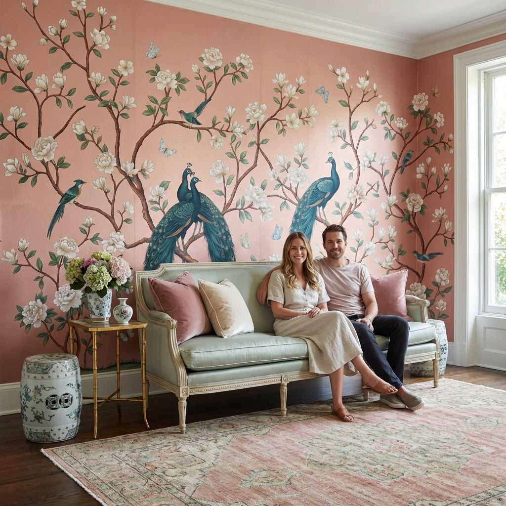 Elegant Peacocks Wallpaper Floral Vintage Wall Art