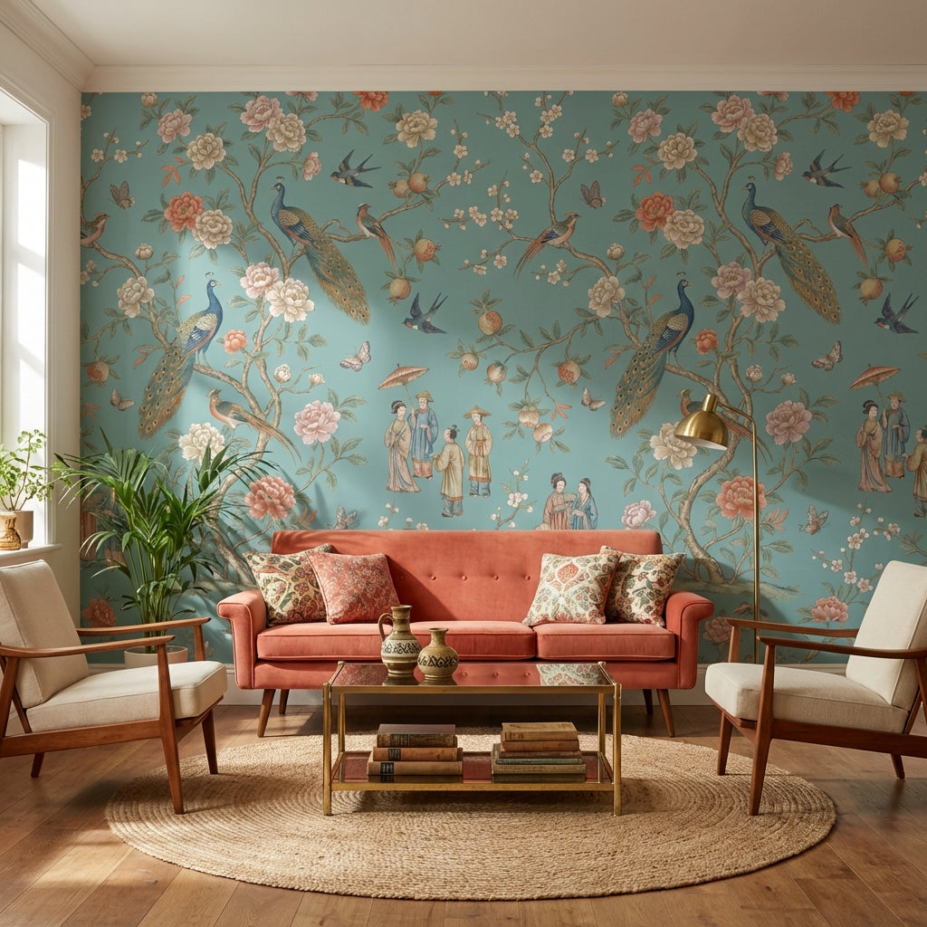 Peacocks Wallpaper Floral Asian Wall Mural