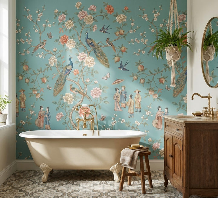 Peacocks Wallpaper Floral Asian Wall Mural