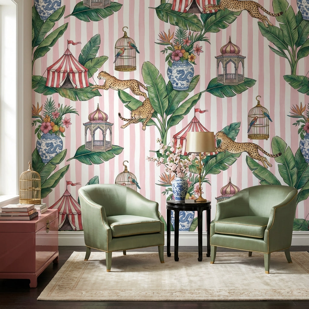 Leopards Wallpaper Circus Tents Birdcages Wall Mural