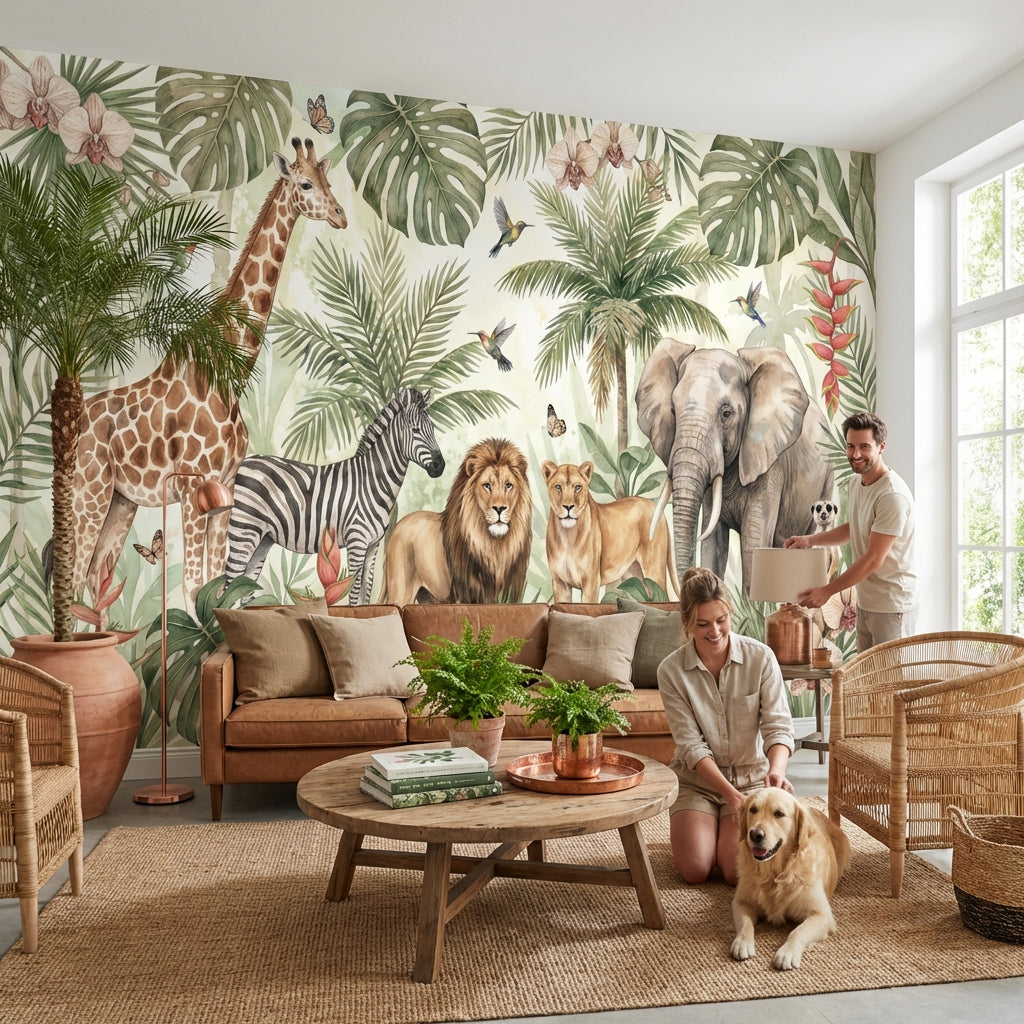 Jungle Animals Wallpaper Tropical Watercolor Wall Mural