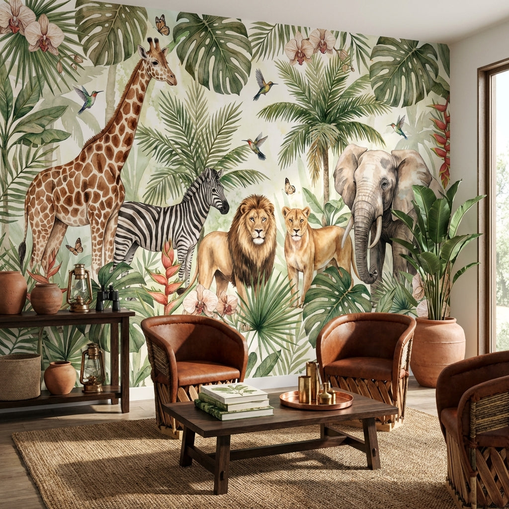 Jungle Animals Wallpaper Tropical Watercolor Wall Mural
