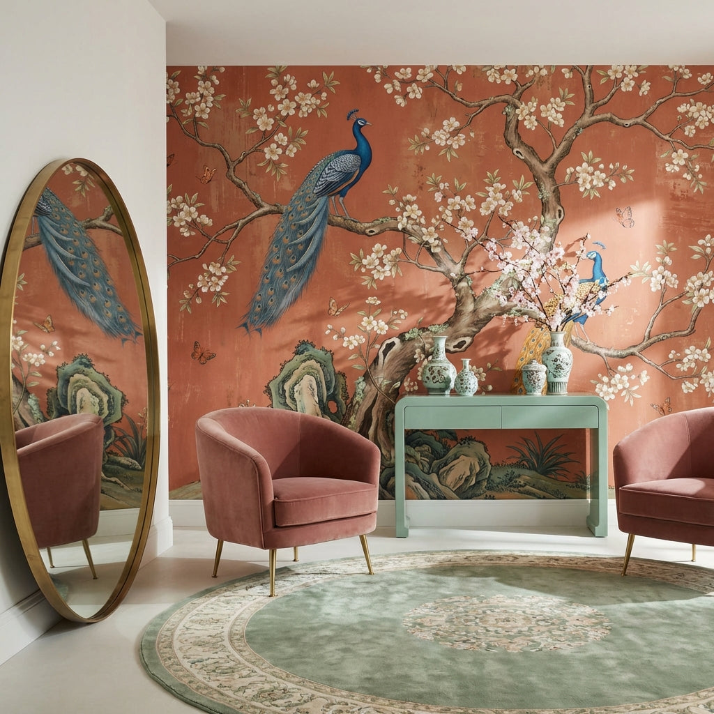 Peacocks Wallpaper Floral Oriental Wall Mural