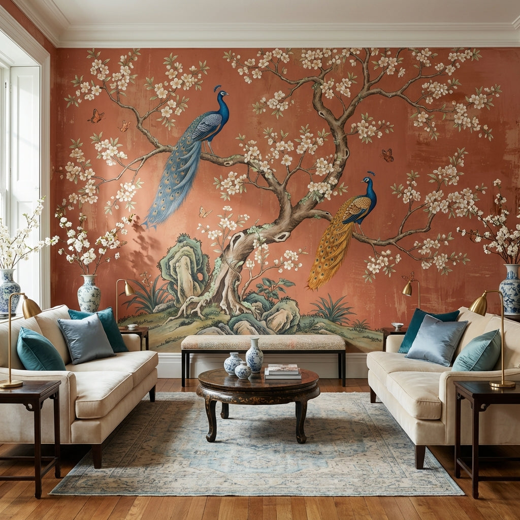 Peacocks Wallpaper Floral Oriental Wall Mural